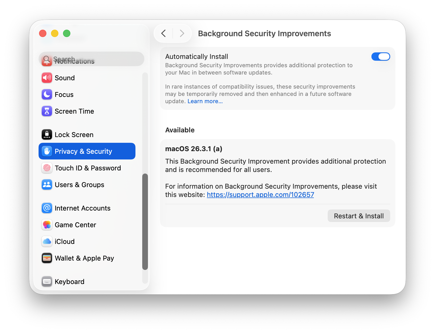 Screenshot of Background Security Improvements section of macOS System Settings