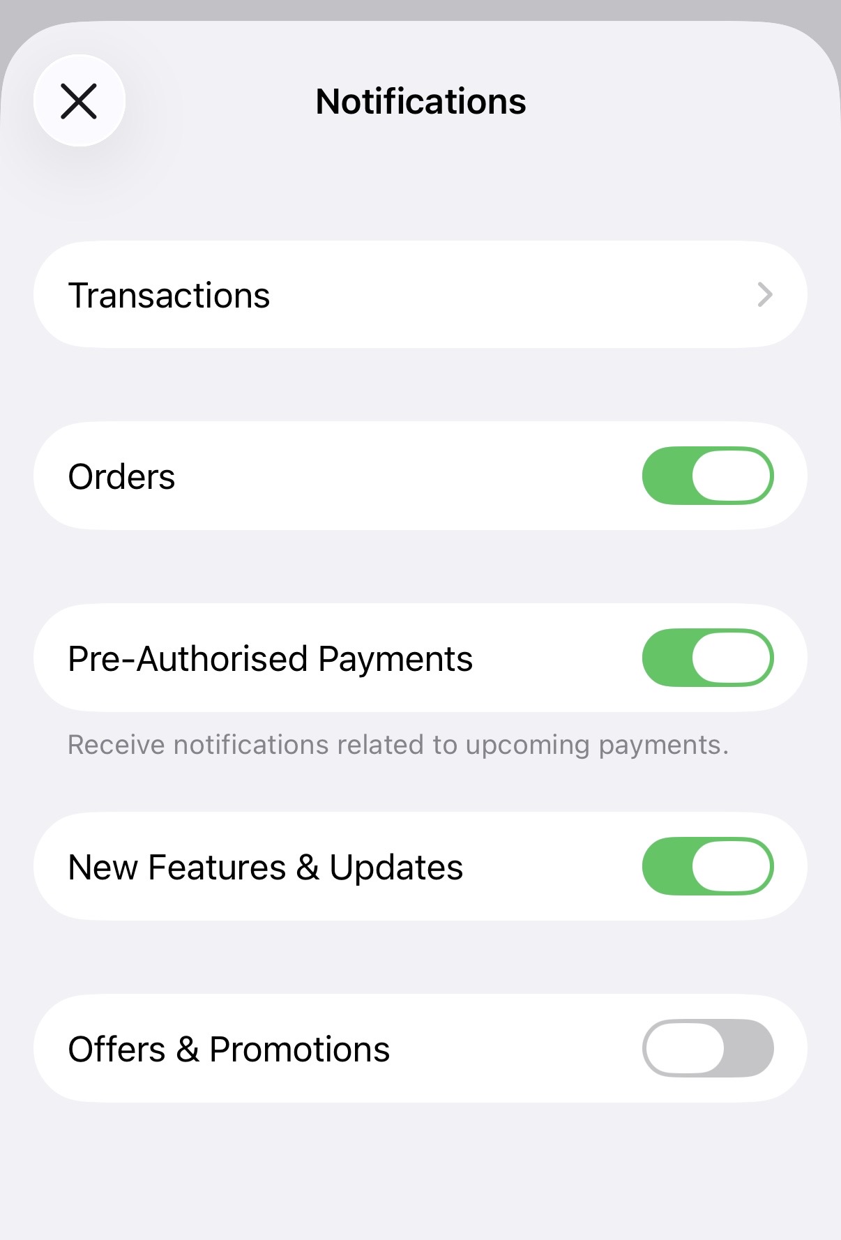 Screenshot of Apple Wallet notification settings