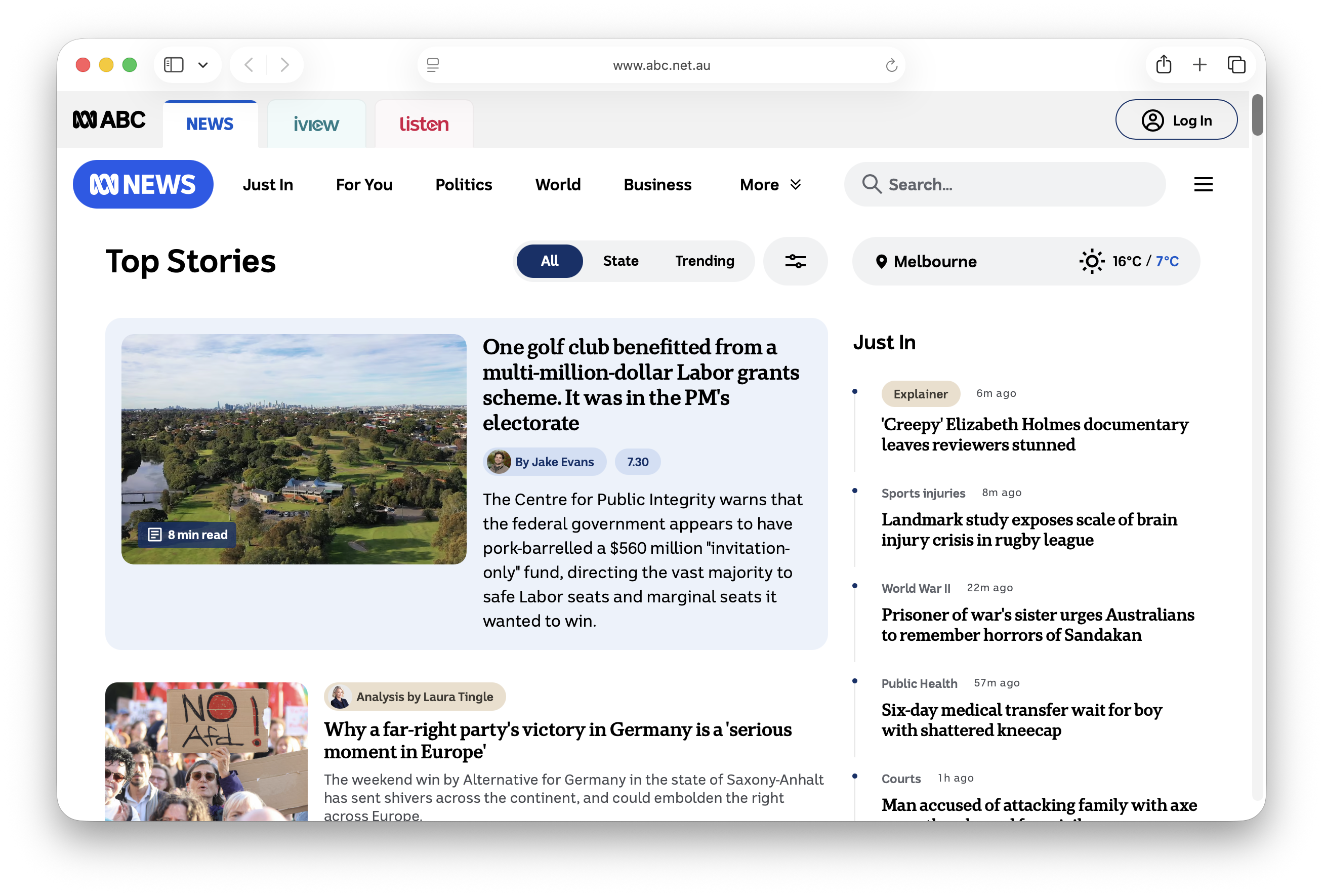 Screenshot of ABC's home page 2026-09-08 15:41 Australia/Melbourne